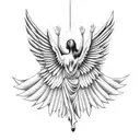 angle falling backwards from heaven with burning wings while someone reaches a hand out to him tattoo design idea