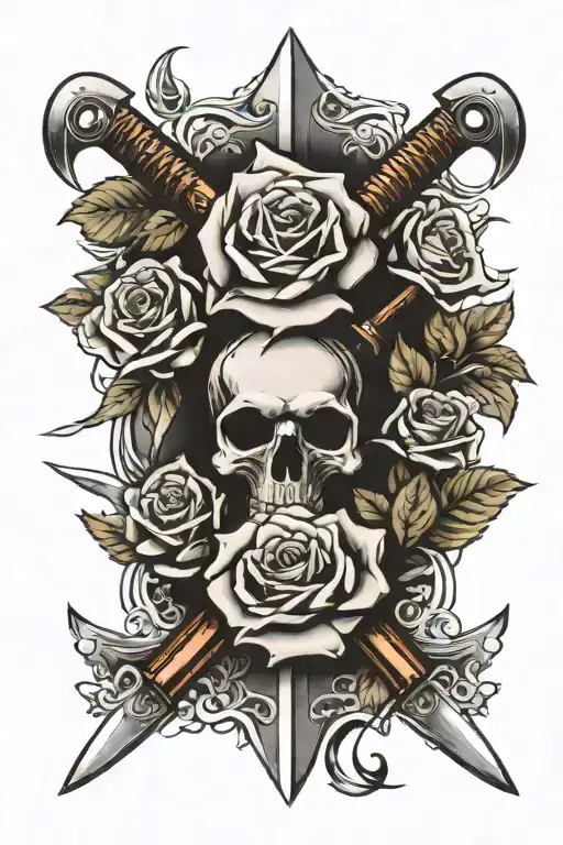 roses involving swords and axes full sleeve tattoo tattoo design idea