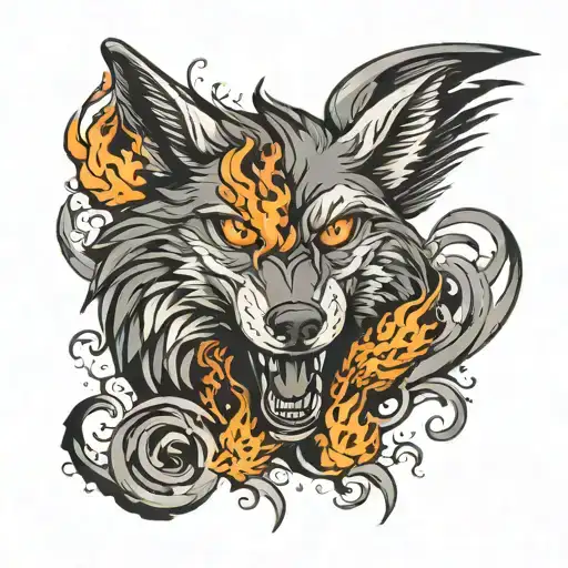 wolf with wings on fire rising tattoo design idea
