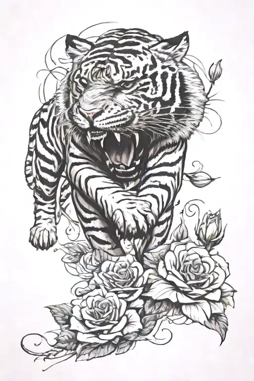 giant tiger stomping a rose field full sleeve tattoo tattoo design idea
