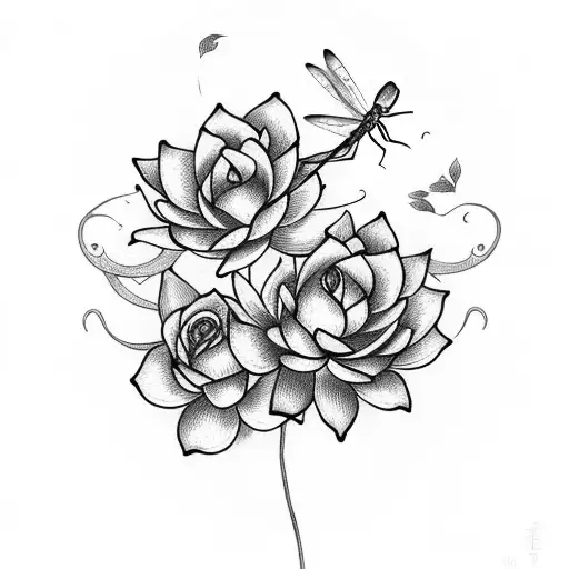 dragonfly with roses behind and lotus flower tattoo design idea