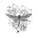 dragonfly with roses behind and lotus flower tattoo design idea