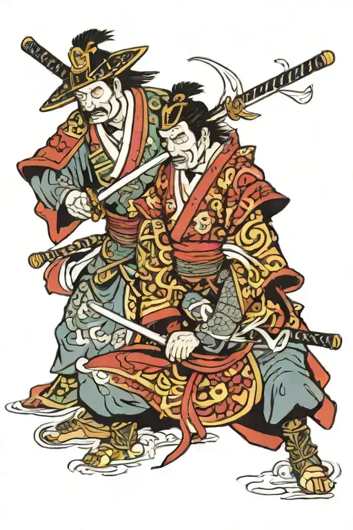 2 traditional Japanese Samurai, one is kneeling facing the other. the other is holding a sword ready to execute him.  tattoo design idea