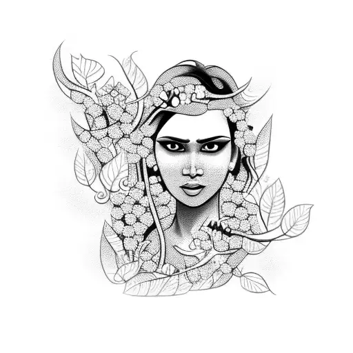 Indian woman, flowers, 12, sexy, fierce, poison ivy vines tattoo design idea