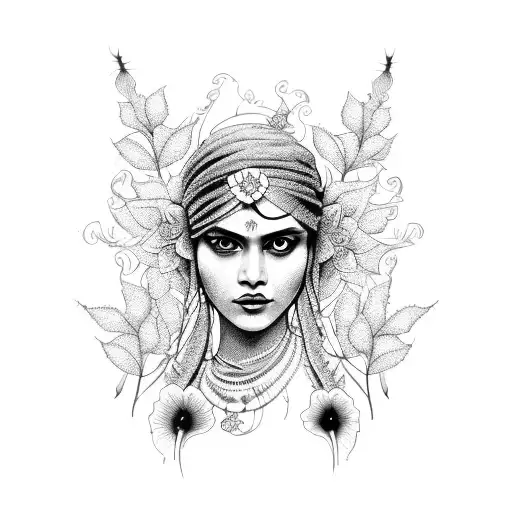 Indian woman, flowers, 12, sexy, fierce, poison ivy vines tattoo design idea