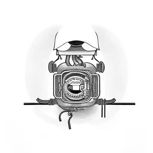 zipper in the center, pill around it, theatrical mask, lathe, CCTV camera, "7c9", black hat, handcuffs, barred window tattoo design idea