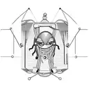 zipper in the center, pill around it, theatrical mask, lathe, CCTV camera, "7c9", black hat, handcuffs, barred window tattoo design idea