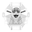 zipper in the center, pill around it, theatrical mask, lathe, CCTV camera, "7c9", black hat, handcuffs, barred window tattoo design idea