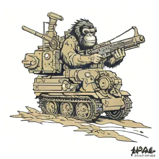 Ape on a tank riding a tank with an m16 on his back tattoo design idea