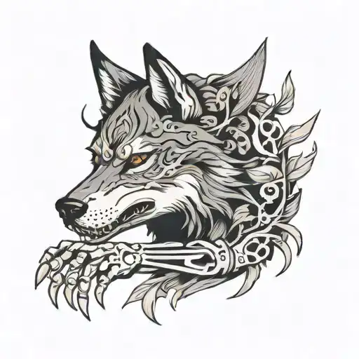 wolf with skeleton hand tattoo design idea