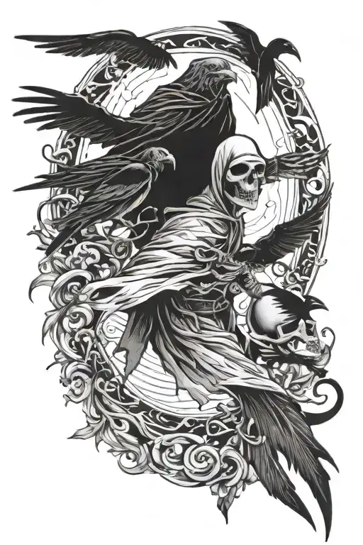 reaper with crows flying away tattoo design idea