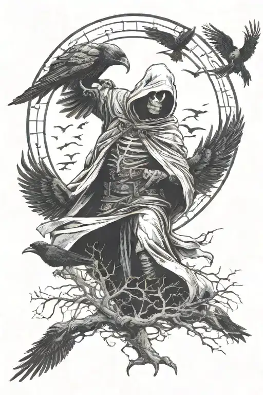 reaper standing with crows flying over it tattoo design idea