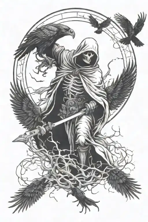 reaper standing with crows flying over it tattoo design idea