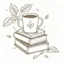 A stack of books with coffee cups on top, surrounded by falling leaves tattoo design idea