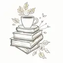 A stack of books with coffee cups on top, surrounded by falling leaves tattoo design idea