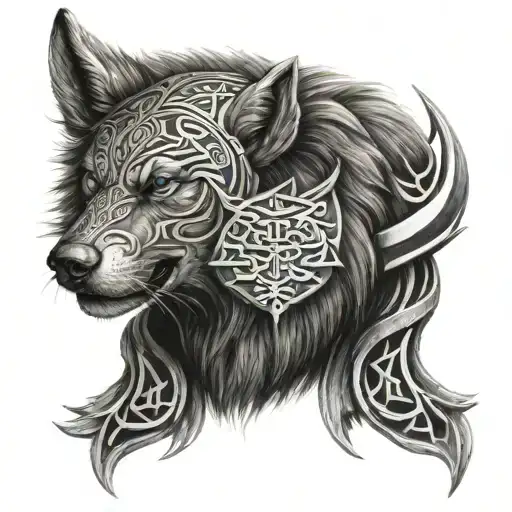 viking Wolf head with runes engraved tattoo design idea