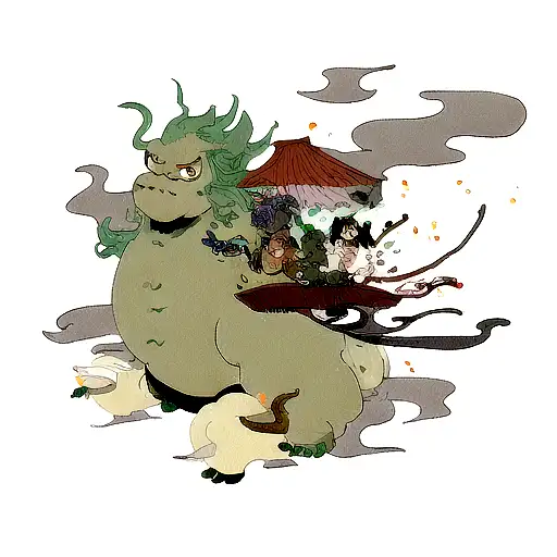 studio Ghibli tattoo with Sen from Spirited Away riding dragon form Haku, surrounded by soot sprites, and totoro tattoo design idea