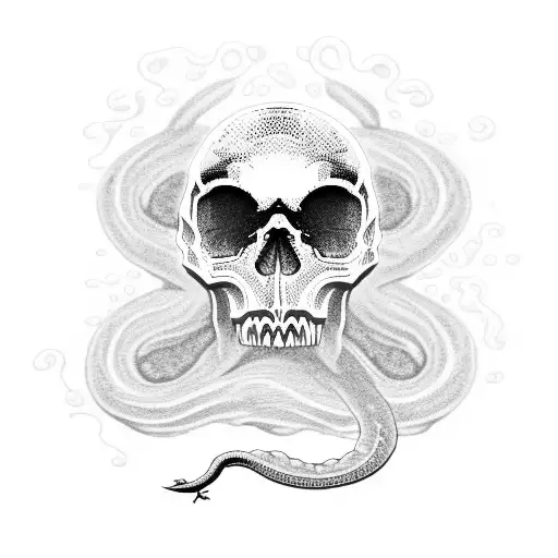 A skull emerging from the depths of the ocean, surrounded by swirling waves and accompanied by a snake and a raven. tattoo design idea