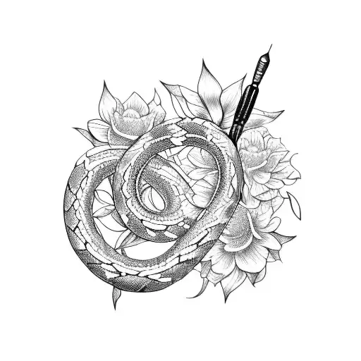 A detailed blackwork tattoo of a snake and flower intertwined with hobby tools like paintbrushes and knitting needles tattoo design idea