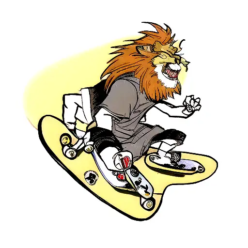 A lion wearing a skateboard helmet and gripping a skateboard with its claws tattoo design idea