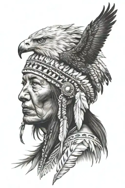 Native American woman with eagle head dress tattoo design idea