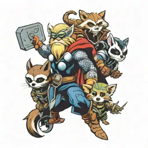 heroes from Marvel (Thor, Rocket and Groot) tattoo design idea