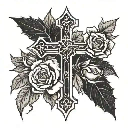 cross and roses with thorns tattoo design idea