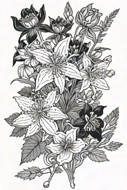 flower arrangement. This arrangement includes chives, lemon balm, time, Colorado blue columbine tattoo design idea