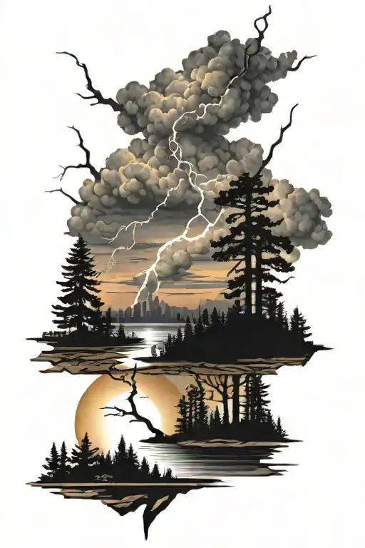 lightning bolt with sunset skyline with pine trees and a river tattoo design idea