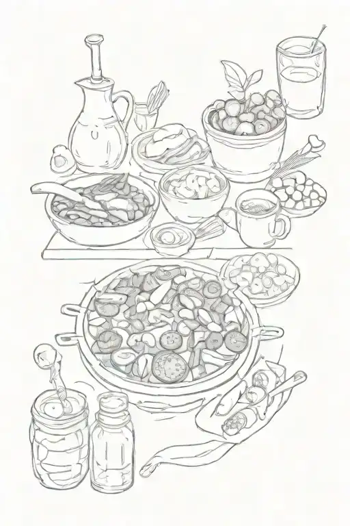quarter sleeve of meny miniature patchwork culinary and food realated items none repeated  tattoo design idea