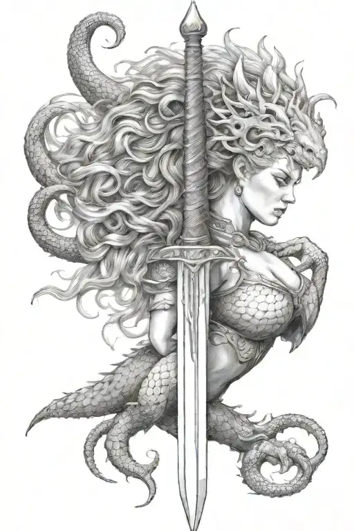 Dragon Woman Sword Lion Viking tattoo design idea