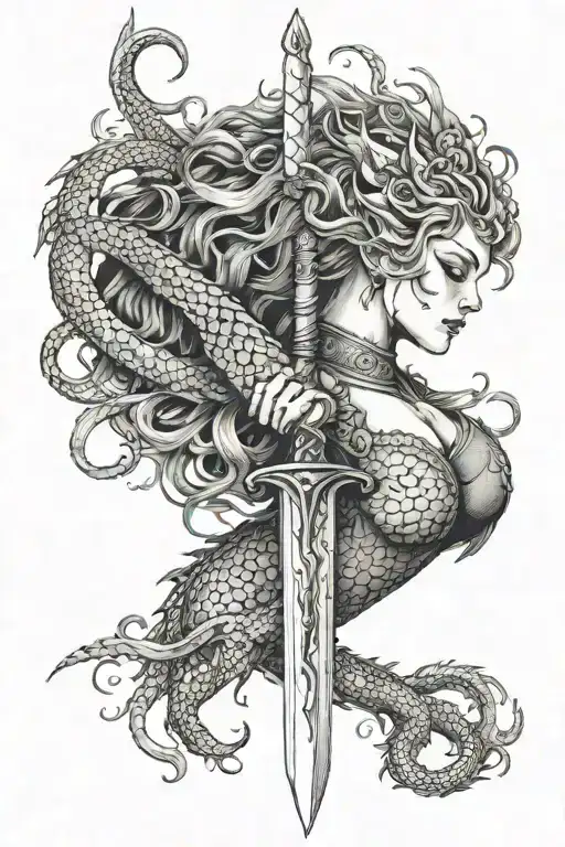 Dragon Woman Sword Lion Viking tattoo design idea