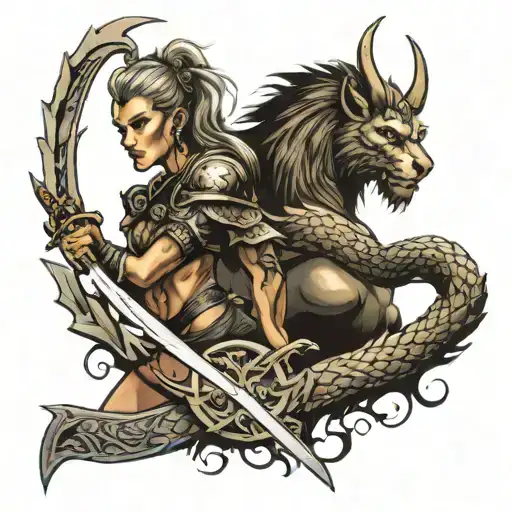 Dragon Woman Sword Lion Viking tattoo design idea