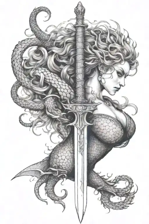Dragon Woman Sword Lion Viking tattoo design idea