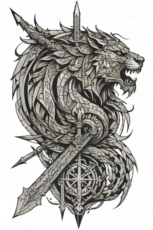 dragon, woman, sword, lion, viking warrior style tattoo design idea