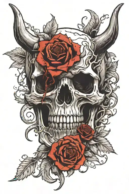 black and white shadow demon skull horns roses fangs dark  tattoo design idea