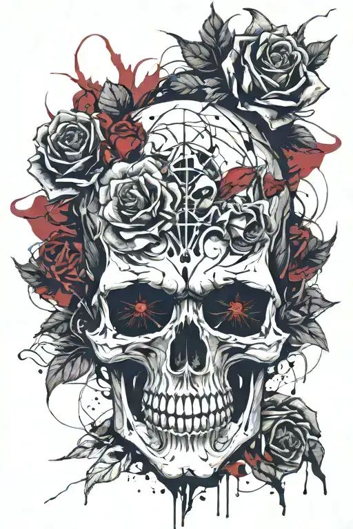 skull demon facing front  roses deth beautiful creepy  tattoo design idea