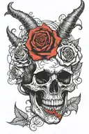 black and white shadow demon skull horns roses fangs dark  tattoo design idea
