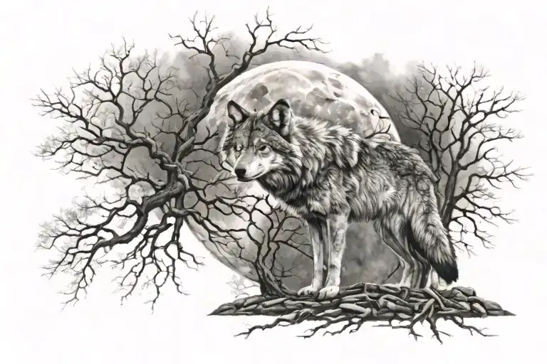 wolf with moon and tree root tattoo design idea