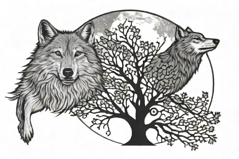 wolf background moon and tree of life tattoo design idea