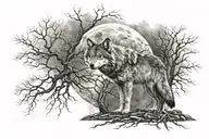 wolf with moon and tree root tattoo design idea