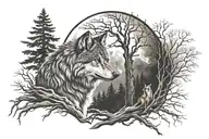 wolf with moon and tree root tattoo design idea
