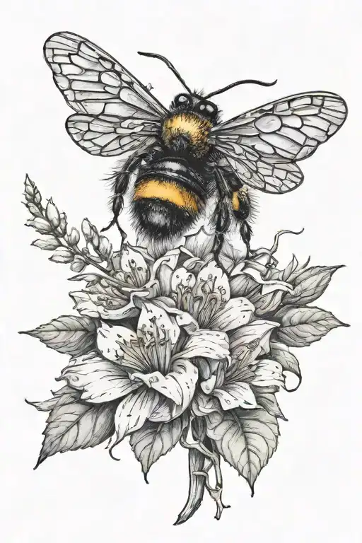 flower wrapped around scissors with a bumblebee flying near tattoo design idea
