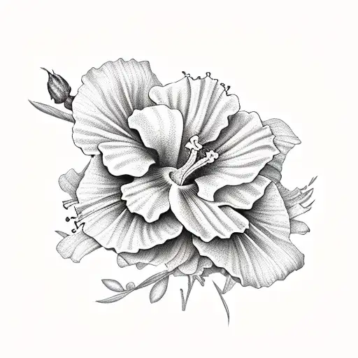 Fleurs d'hibiscus, du fruit de la passion, du musc de la nuit et du jasmin éparses sur une tige et des feuilles tattoo design idea