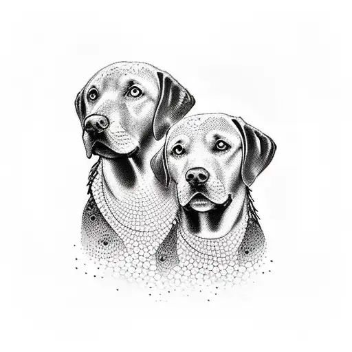 A dotwork tattoo of two intertwined Labrador retrievers, representing the strong bond between the husband and wife and their shared love for their pets tattoo design idea