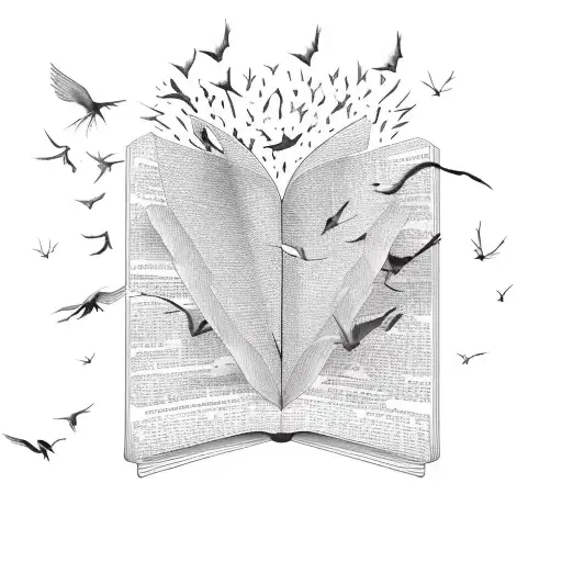 An open book with pages turning into flying birds, representing the transformative power of literature tattoo design idea