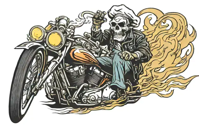 ghost rider wear chef hat and smoking cigar while riding cruiser motorcycle on fire  tattoo design idea