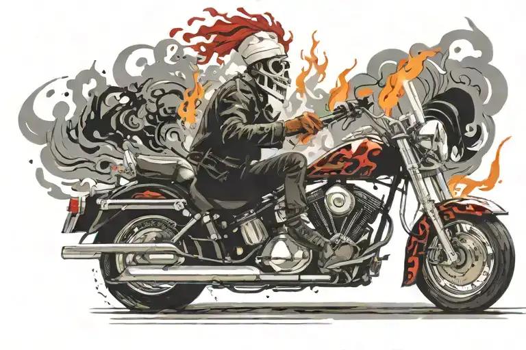 ghost rider wear chef hat and smoking cigar while riding cruiser motorcycle on fire  tattoo design idea