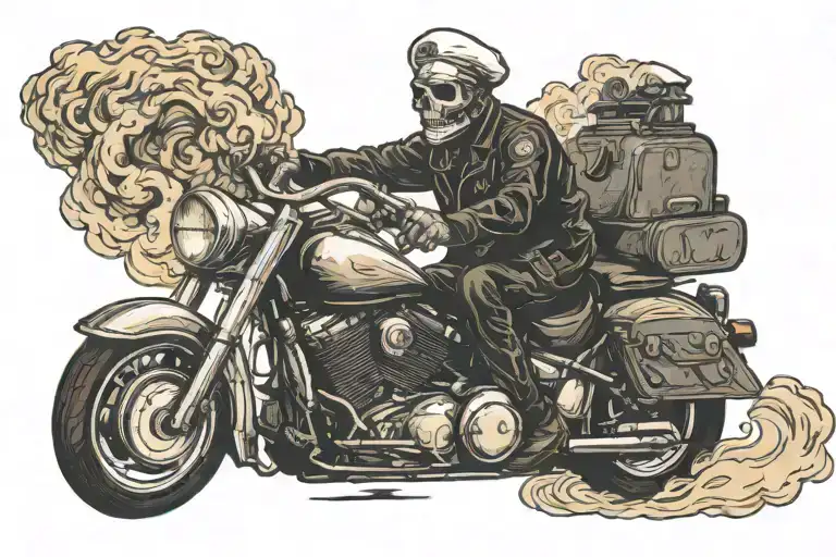 ghost rider wear chef hat and smoking cigar while riding cruiser motorcycle on fire  tattoo design idea