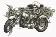 skeleton wear chef hat smoking cigar riding cruiser motorcycle  tattoo design idea
